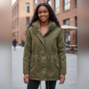 Womens Olive Green Over Coat Mid Length Fur Lined Hooded Size Small